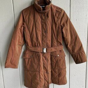 FEYEM Vintage Goose Down Belted Coat Parka in Iridescent Rust Brown Nylon Size M
